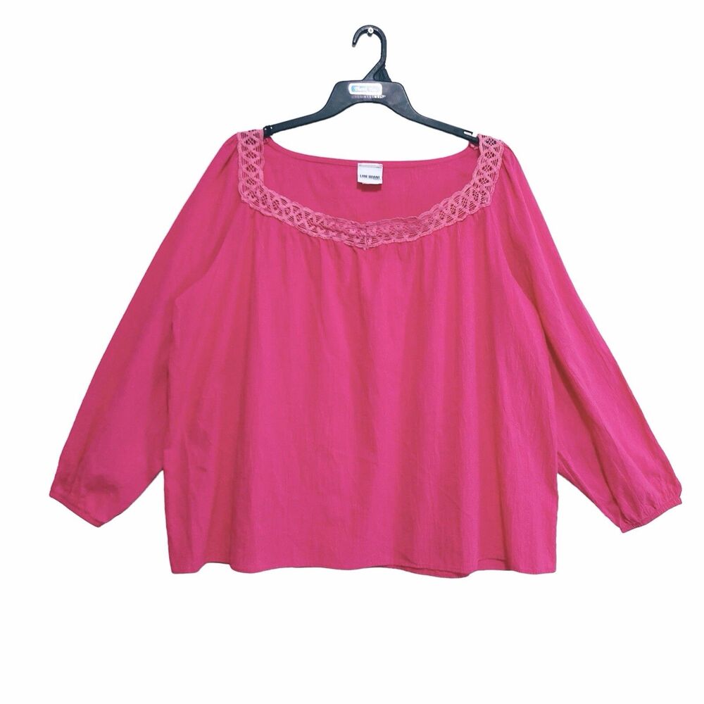 Lane Bryant Vtg Blouse Top Women Size 1X Pink Long Sleeve Loose Fit Crochet Neck